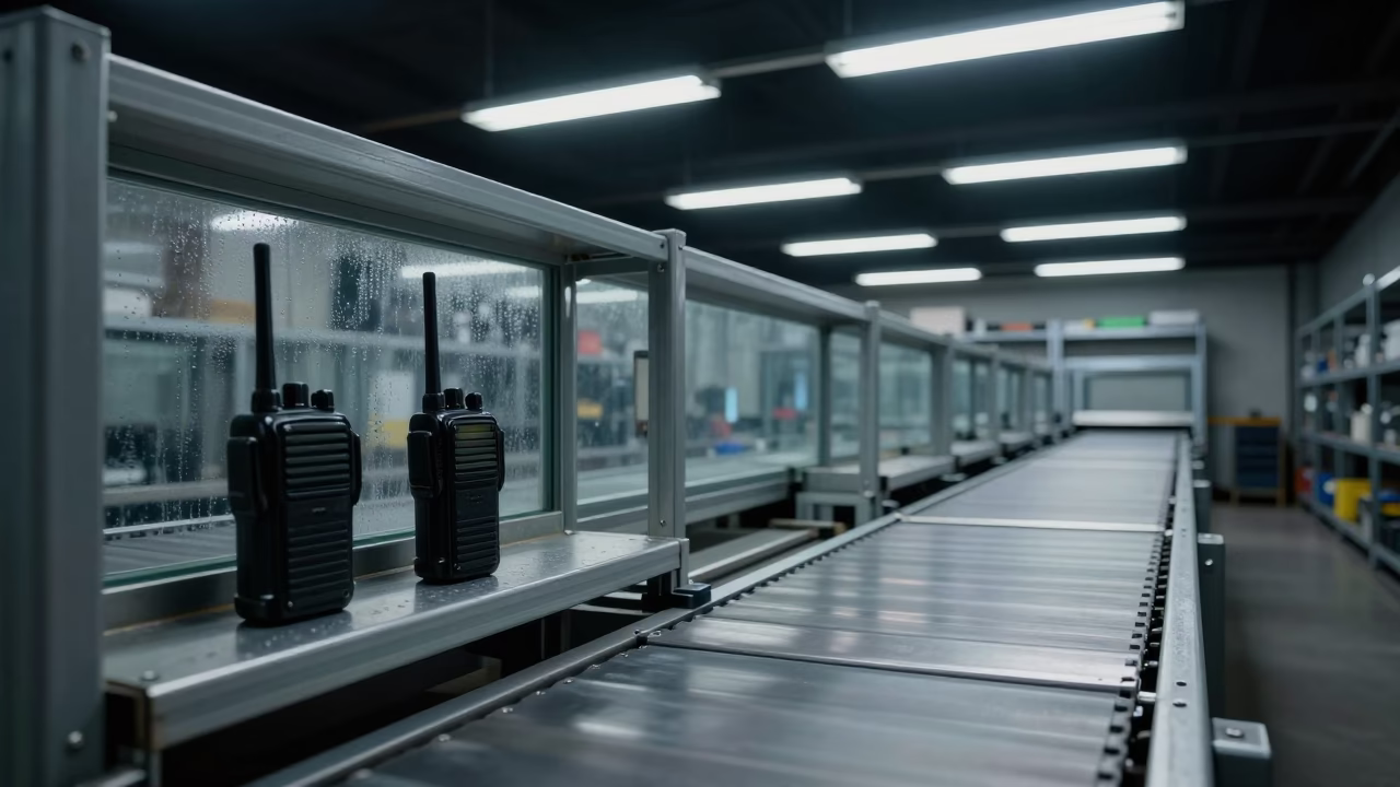 Midnight Radio Charging Shelf After Sorting Rush in at a parcel sorting belt in Ruhengeri