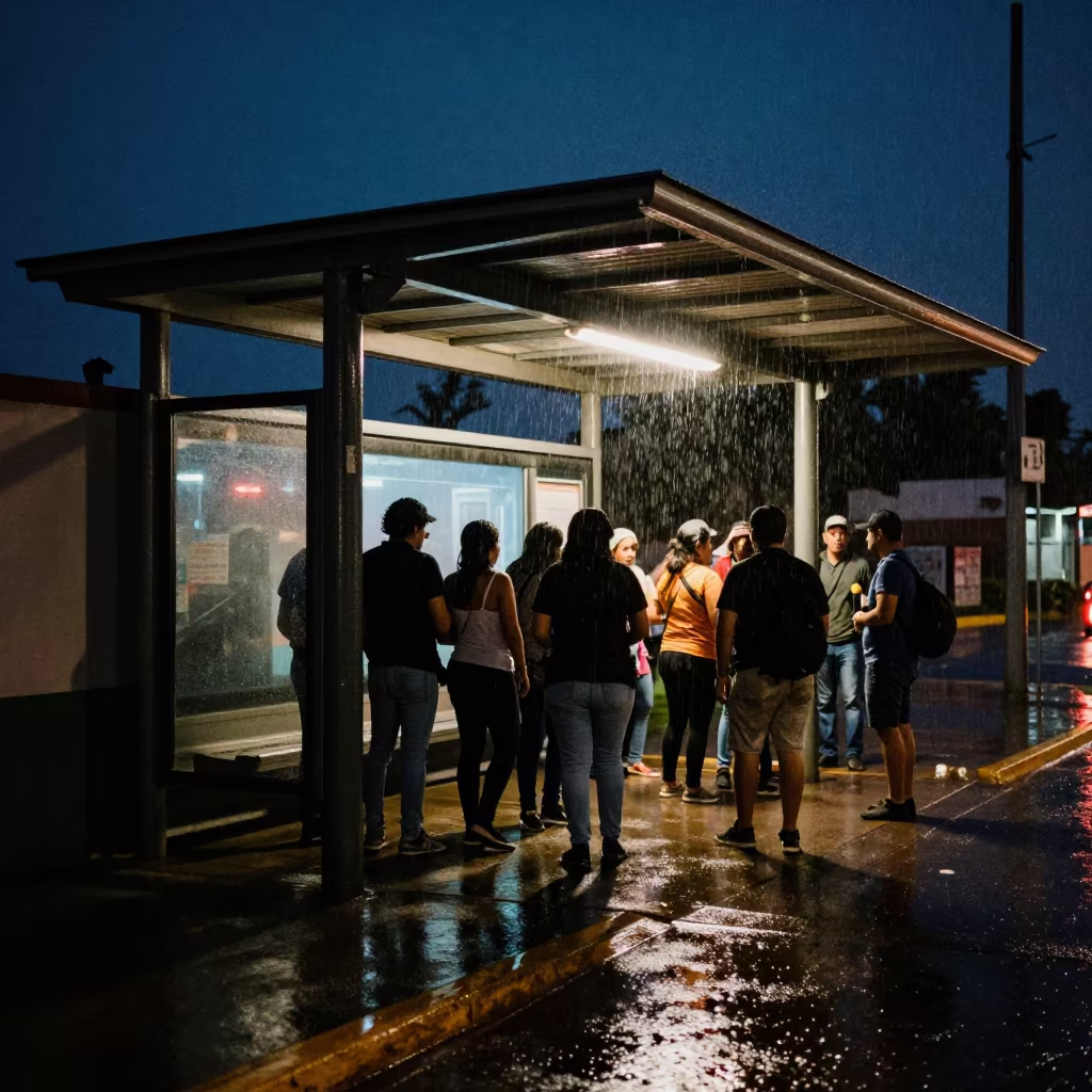 Midnight Rain Commuters Cabo Bus Stop in outside a metro entrance in Cabo San Lucas