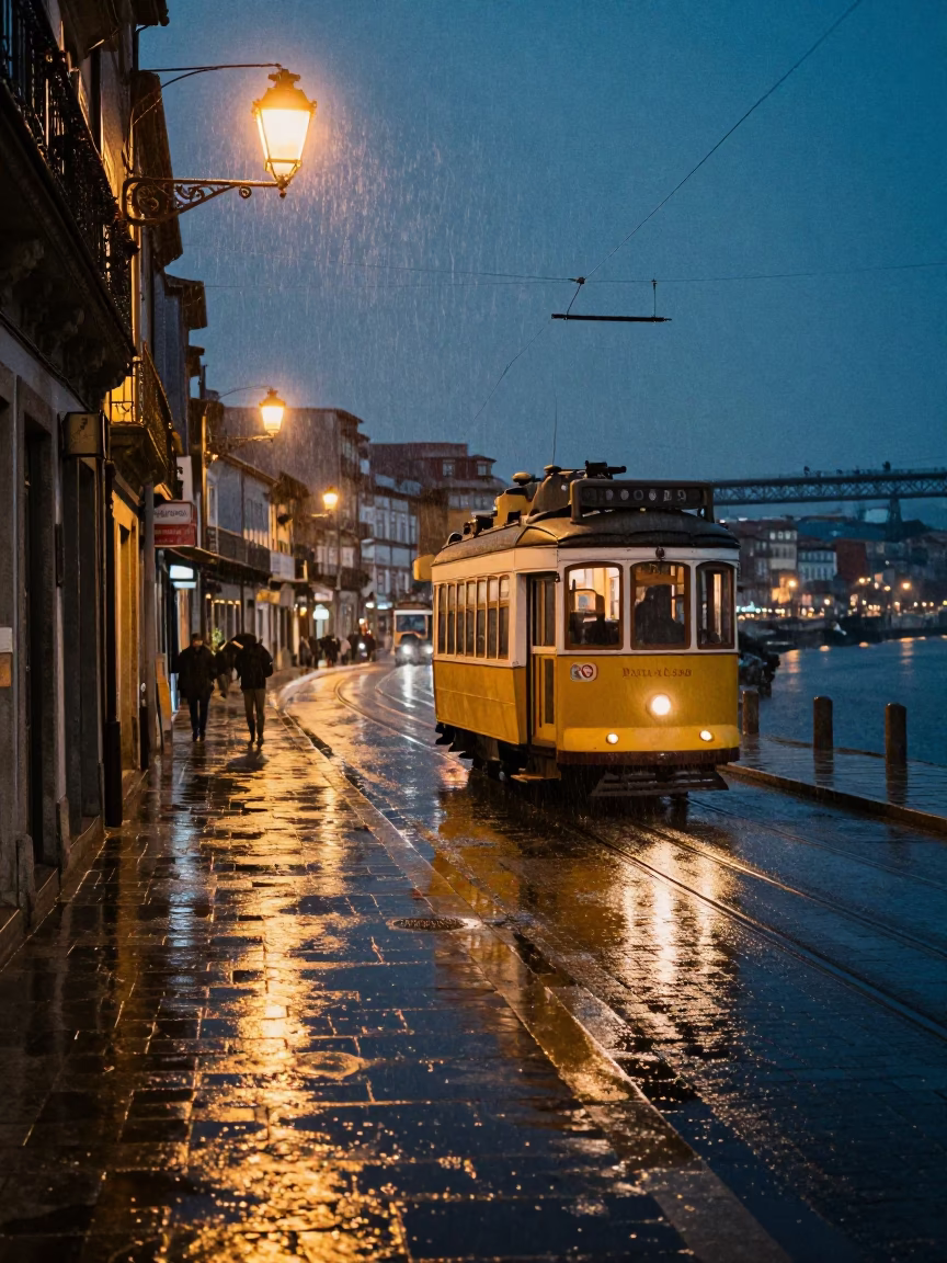 Midnight Rain in Porto at Midnight Light in in Porto, Portugal