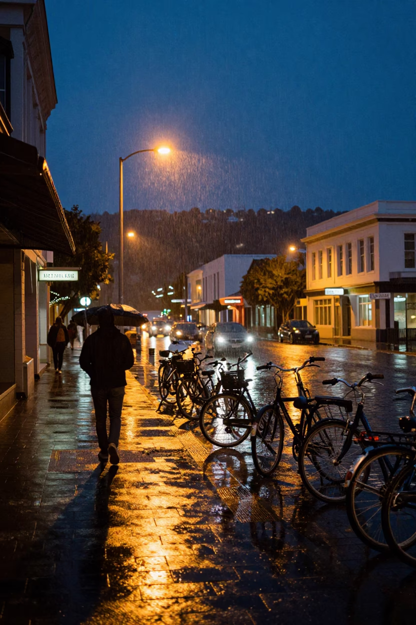 Midnight Rain in Wellington at Midnight Light in in Wellington, New Zealand