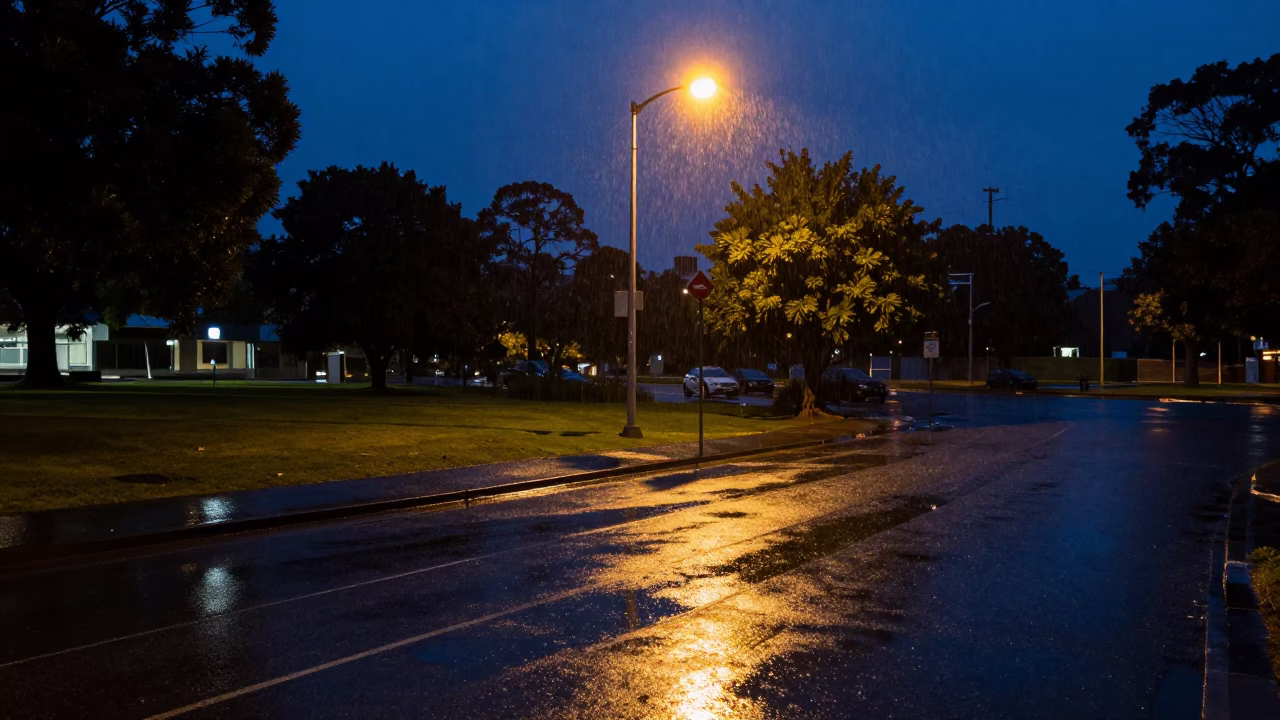 Midnight Rain on Adelaide Park Lands Streetlamp and Wet Pavement in in Adelaide, South Australia, Australia