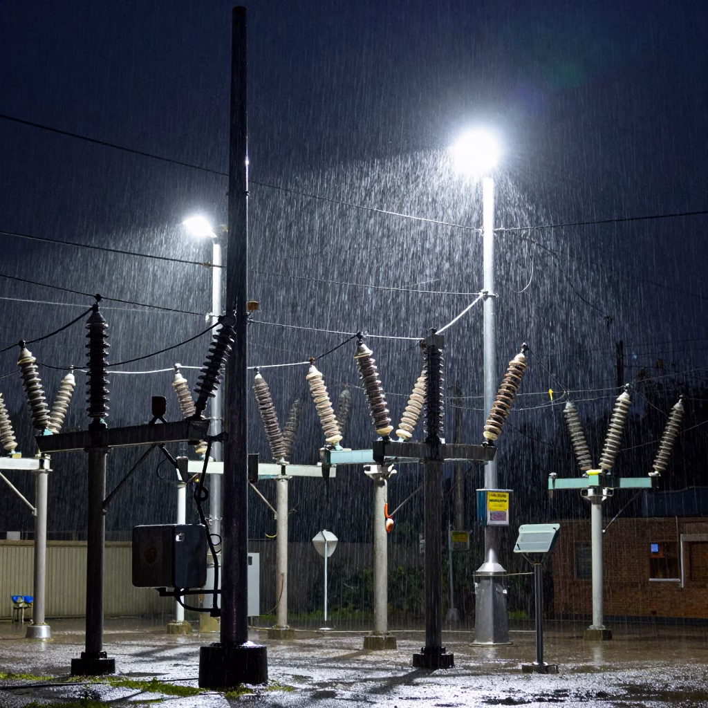 Midnight Rain on Bristol Substation Insulators Under Floodlights with Canal Cherry Trees in in Bristol, United Kingdom