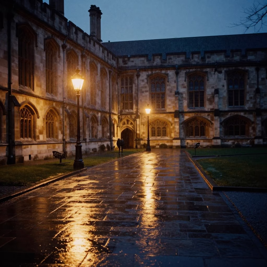 Midnight Rain on Brussels University Cloister Wet Flagstones and Linen Fringe in in Brussels, Belgium