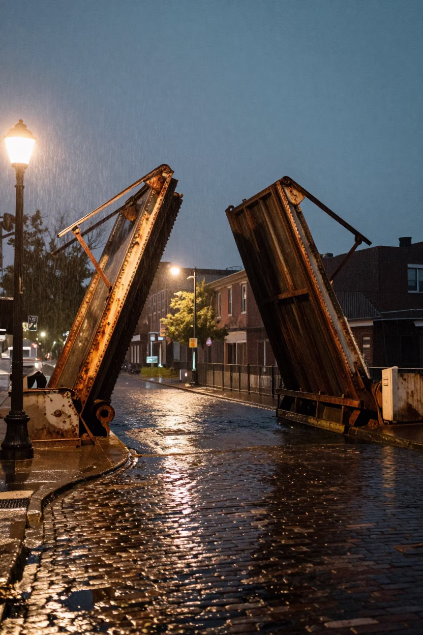 Midnight Rain on Philadelphia Streets with Rusted Drawbridge and Wet Urban Reflections in in Philadelphia, Pennsylvania, United States