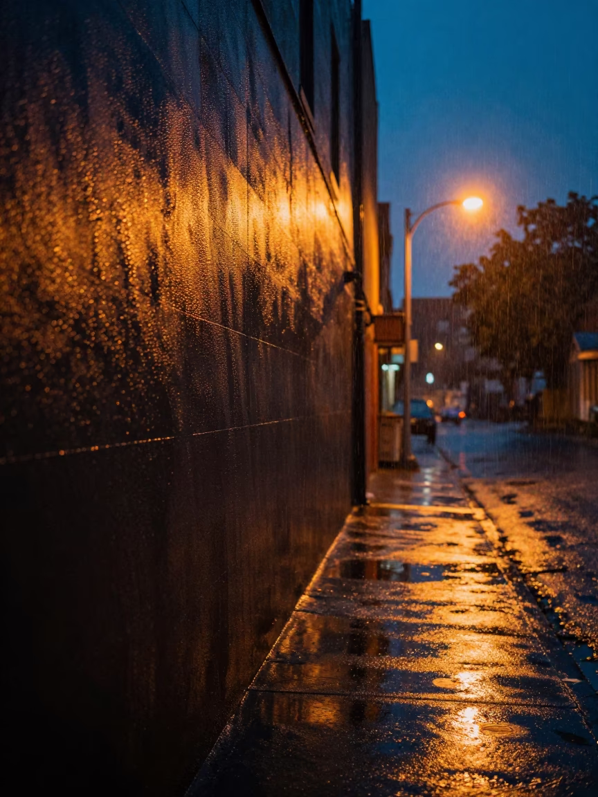Midnight Rain on Portland Oregon Street with Condensation and Urban Reflections in in Portland, Oregon, United States