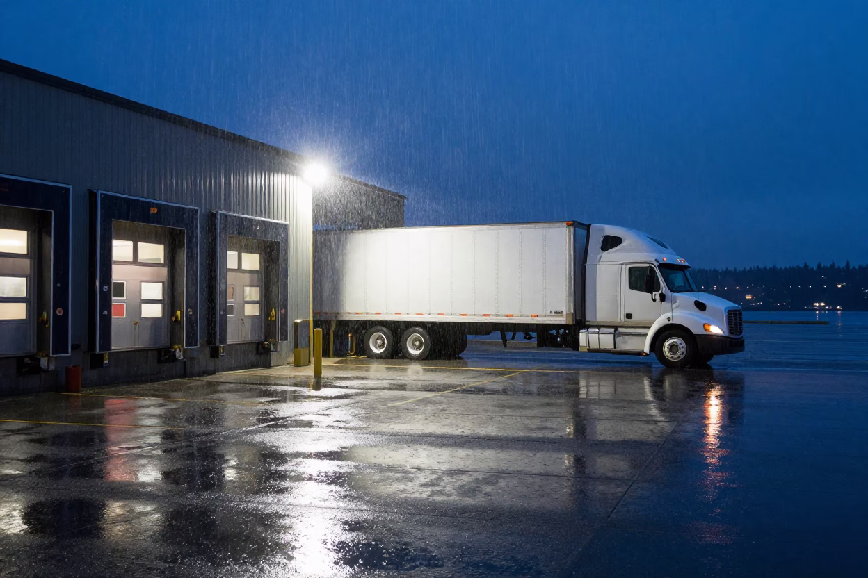 Midnight Rain on Seattle Loading Dock with Semi-Trailer and Signal Gantry in Fog in in Seattle, Washington, United States