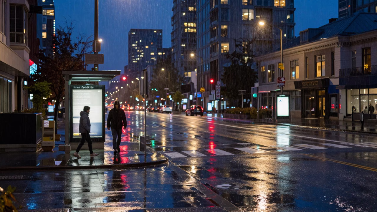 Midnight Rain on Vancouver Street Corner with Wet Asphalt Reflections and Urban Neon Lights in in Vancouver, British Columbia, Canada