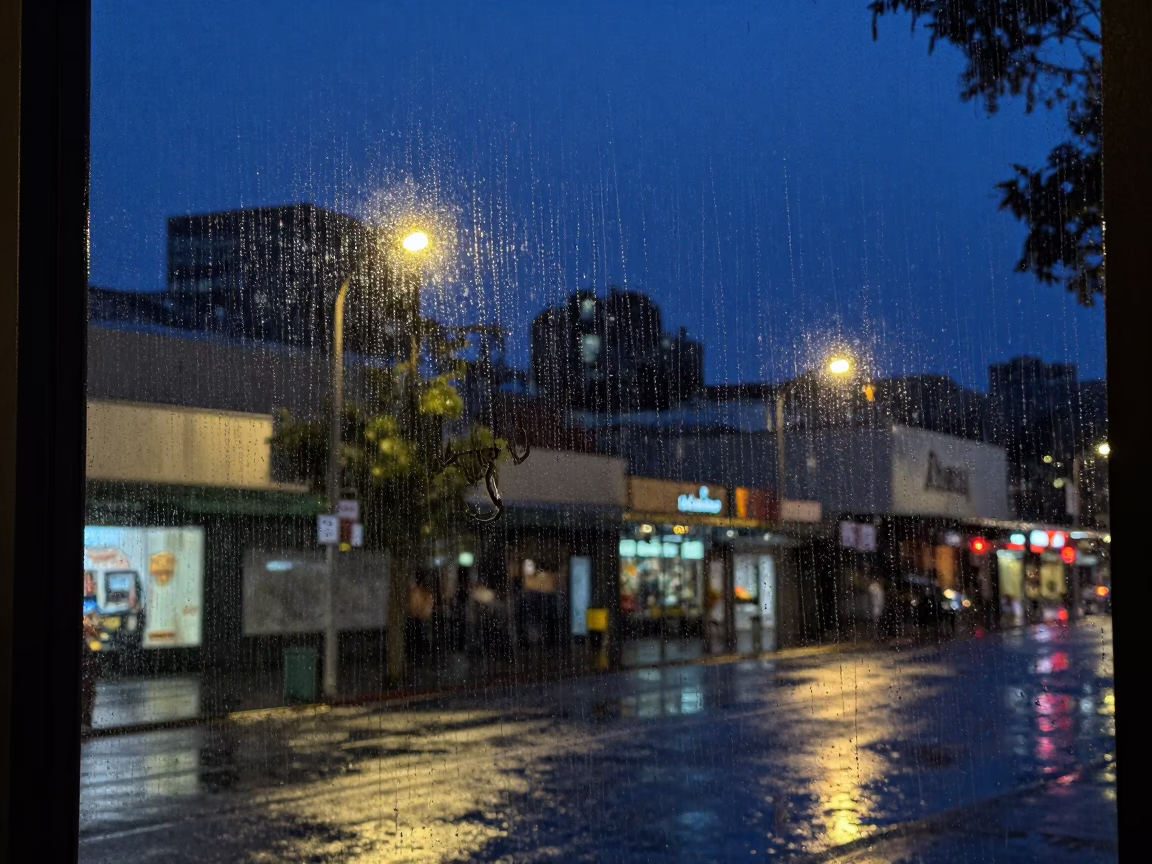 Midnight Rain Reflections on Adelaide Window Glass Near Adelaide Central Market in in Adelaide, South Australia, Australia