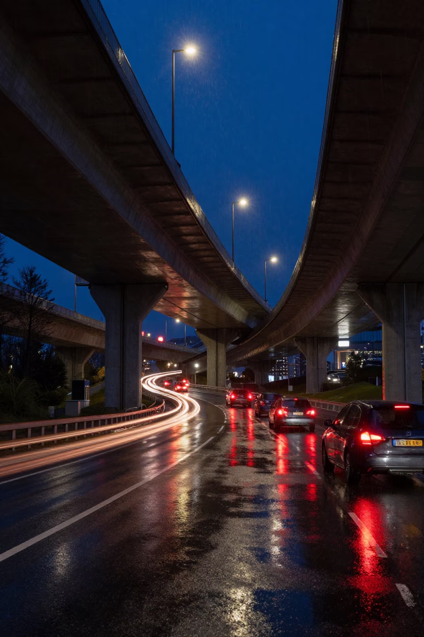 Midnight Rain Reflections on Bergen Norway Overpass Interchange with Glowing Red Taillights in in Bergen, Norway