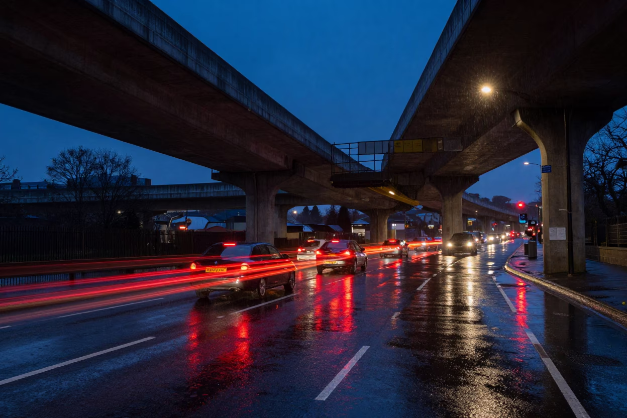 Midnight Rain Reflections on Bristol Overpass Interchange Taillights and Urban Street Photography in in Bristol, United Kingdom