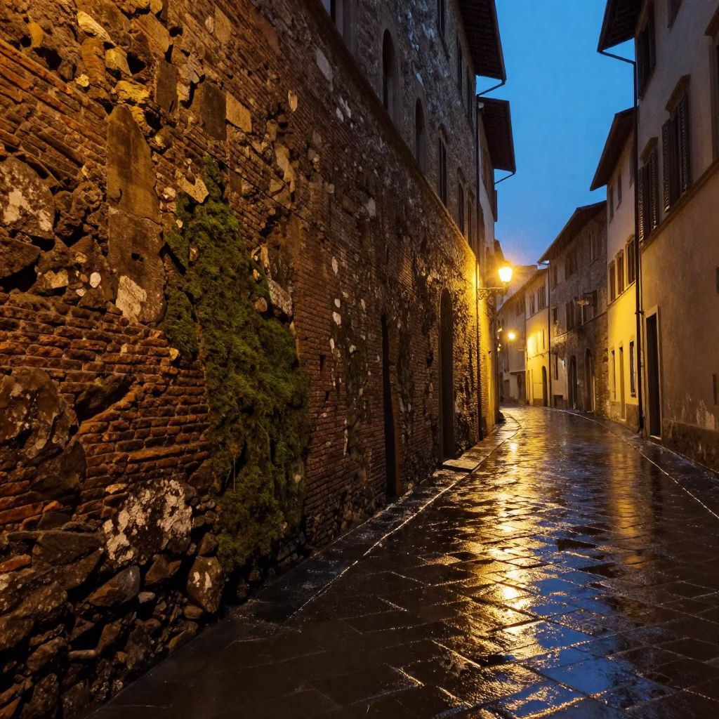 Midnight Rain Slipping Down Ancient Stone Walls in Florence Italy in in Florence, Italy