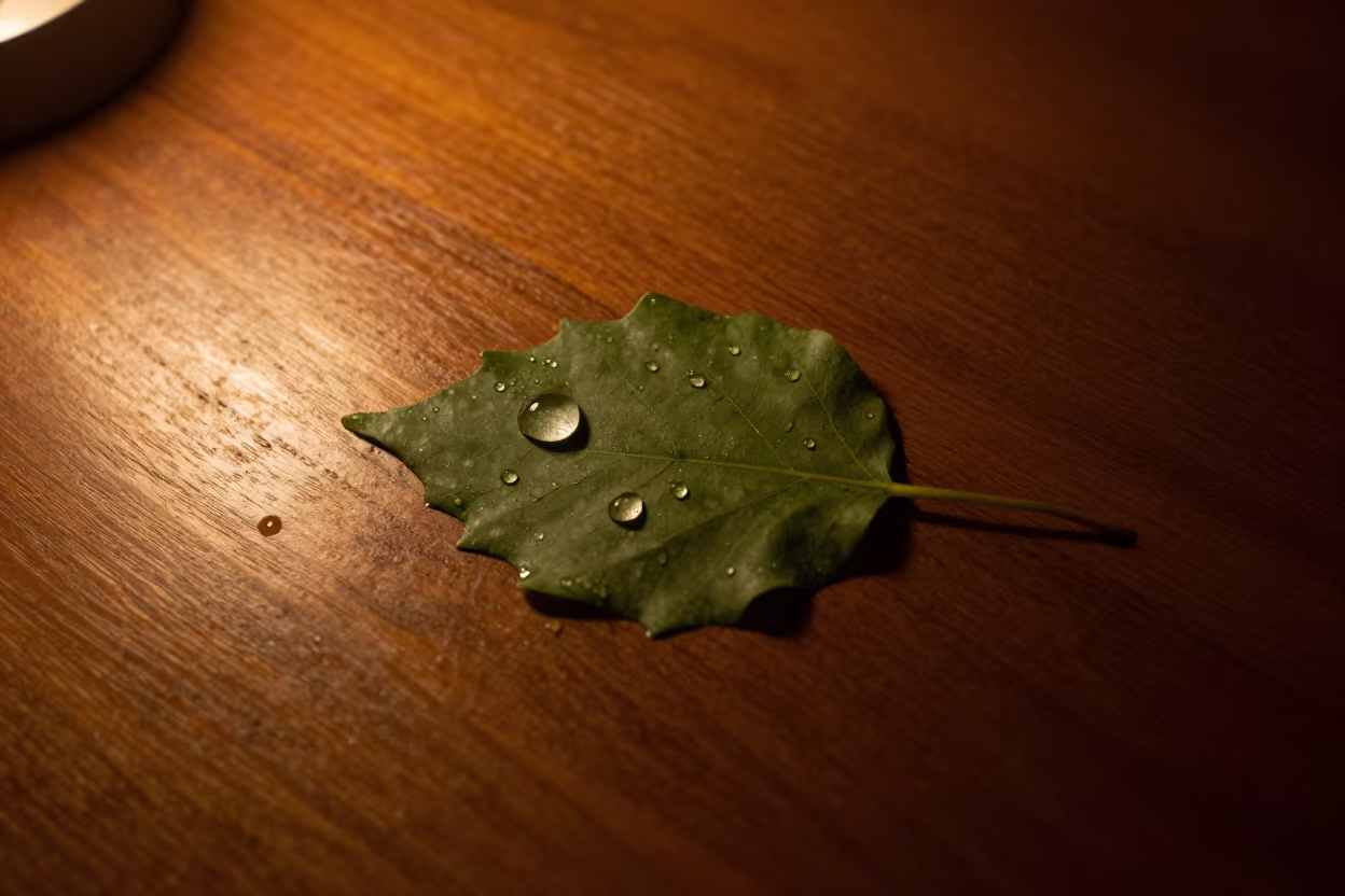 Midnight Raindrop on Leaf Tip Bursa Desk in on a writing desk in Bursa