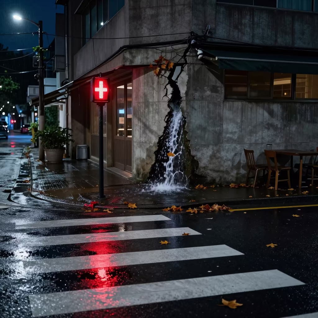 Midnight Rainwater Crosswalk Taichung Surreal in outside a corner cafe in Taichung