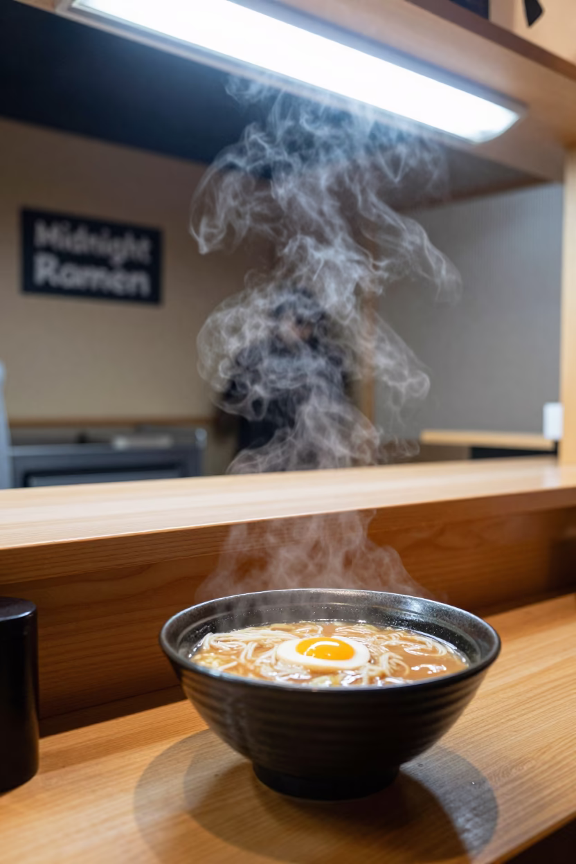Midnight Ramen Shop in Sapporo Japan with Steam and Soft Boiled Egg in in Sapporo, Japan