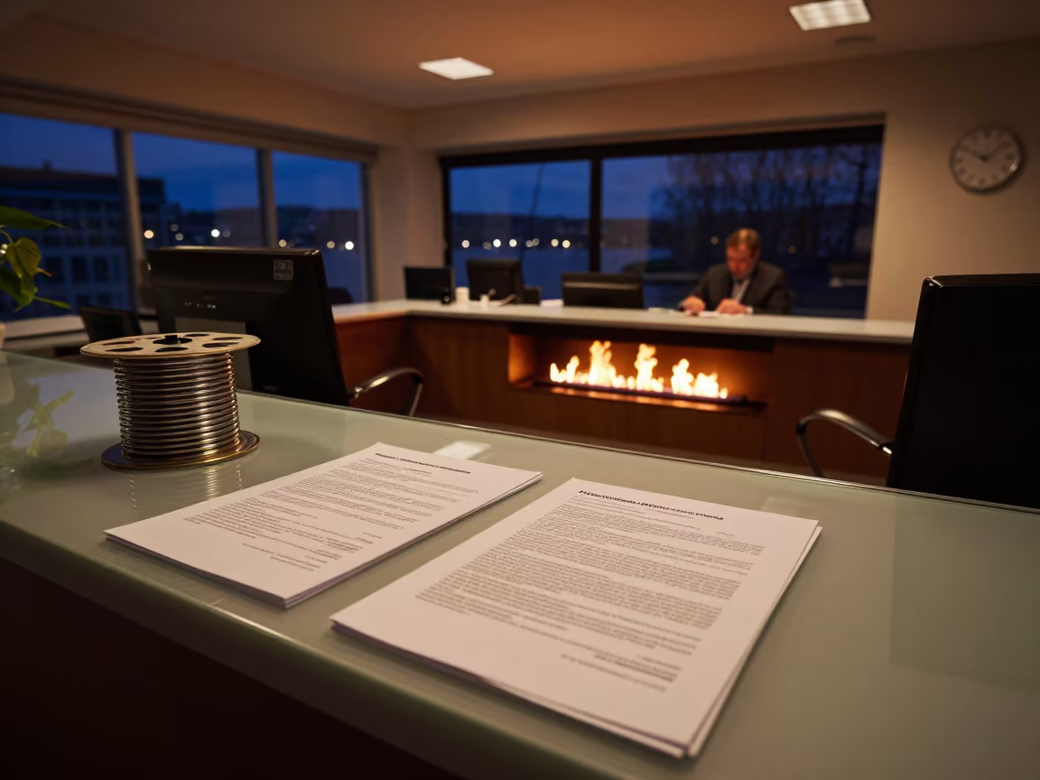 Midnight Reception Desk Oslo Badge Reel Tin in at an office reception desk in Oslo