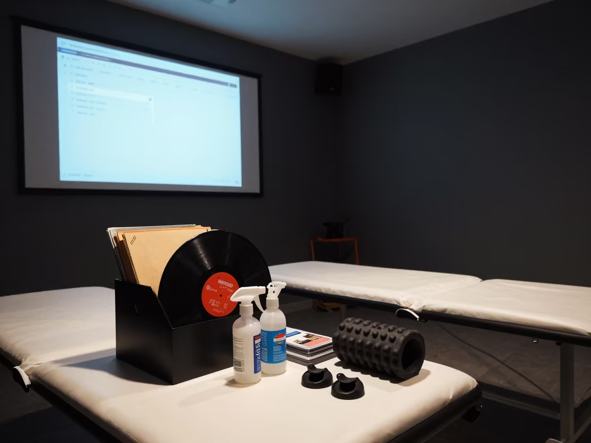 Midnight Recovery Lounge Caddy Under Projector Glow in inside a recovery lounge beside foam rollers near Reggio Emilia