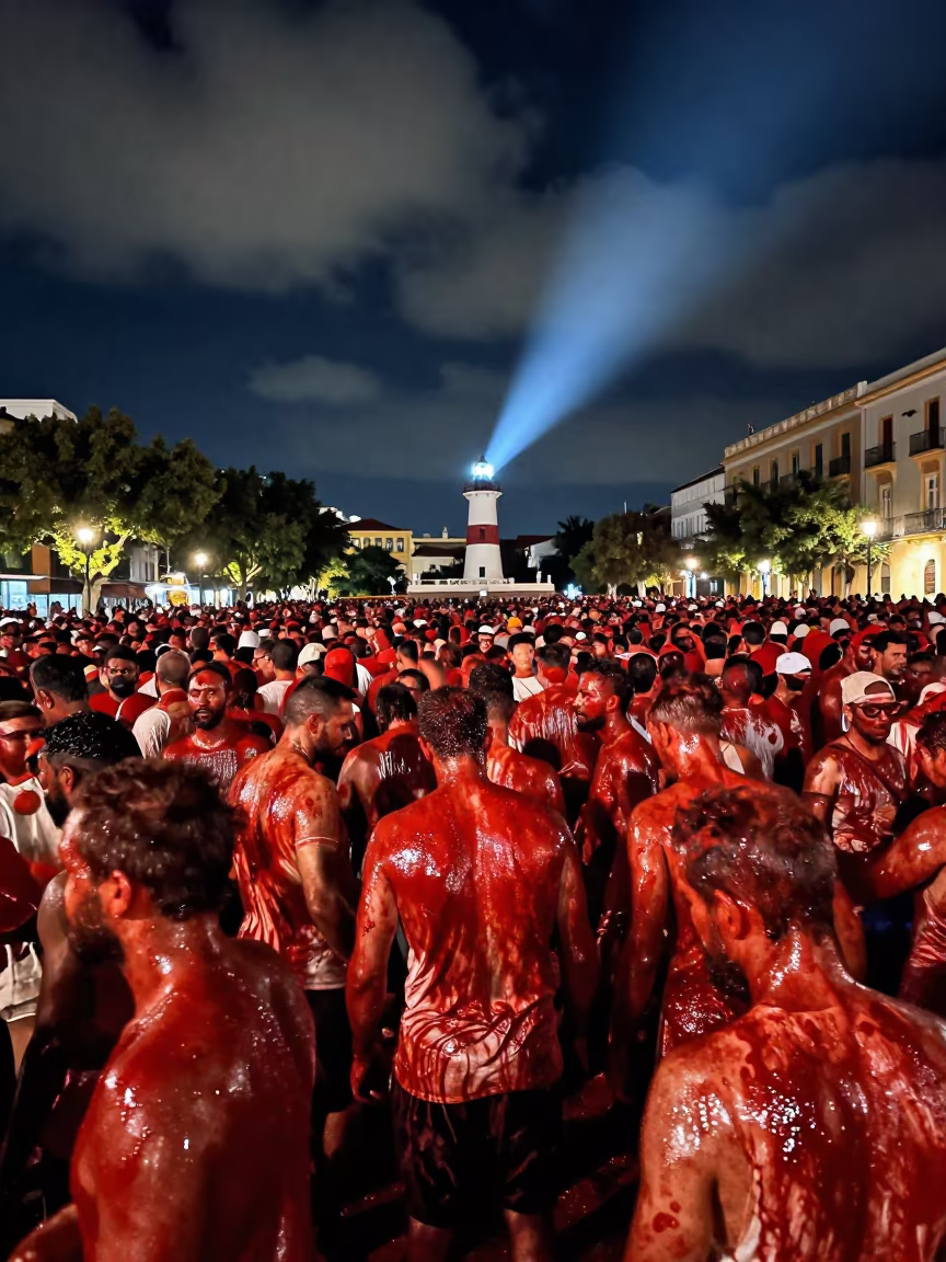 Midnight Red Crowd Valencia Festival Square in at a public square during a festival in Valencia