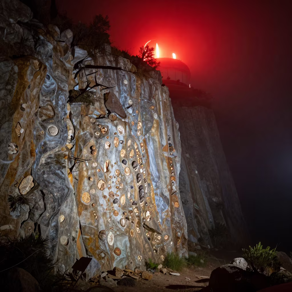 Midnight Red-Lit Fossil Shale Cliff in La Paz Mist in in La Paz