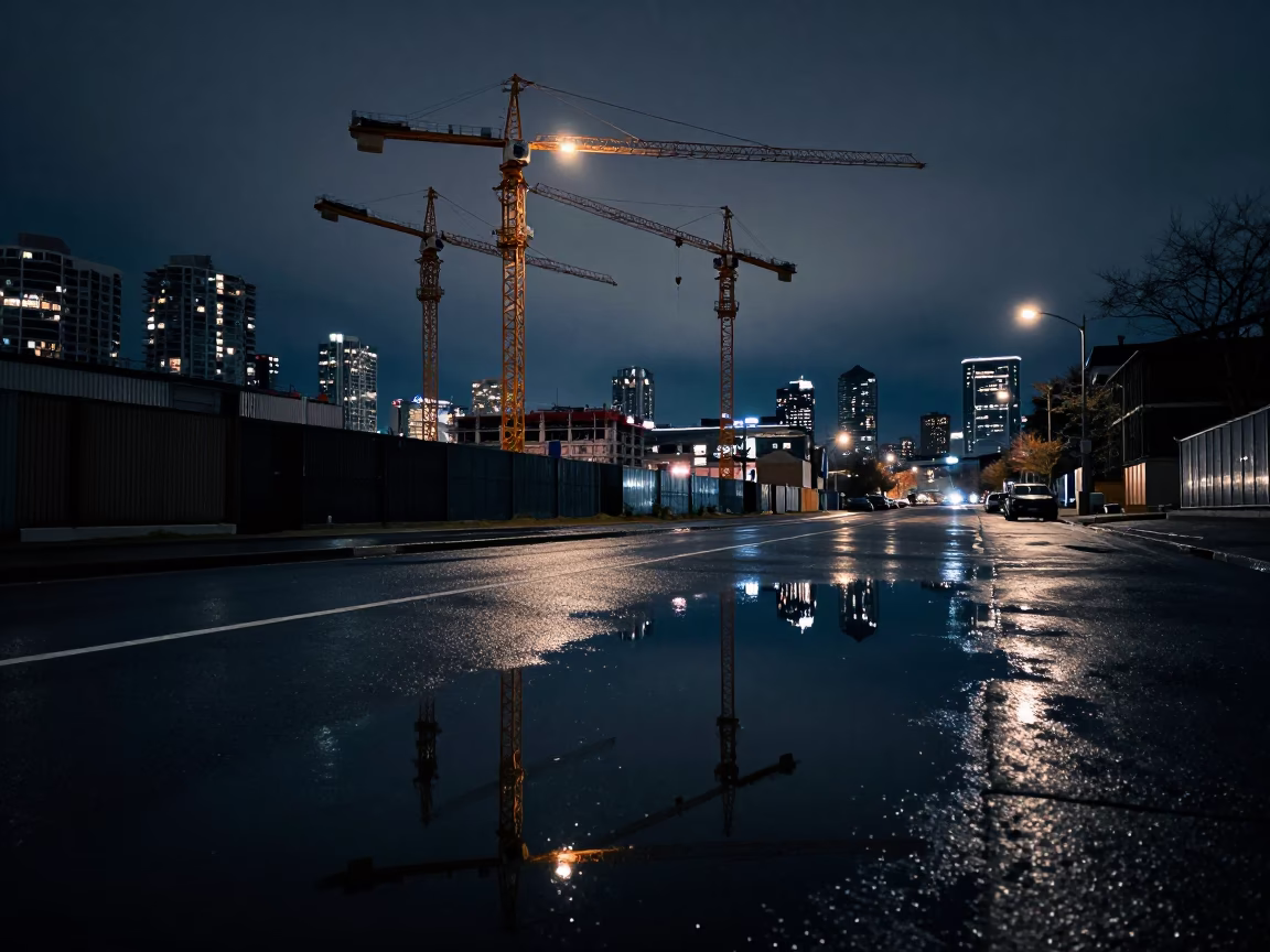 Midnight Reflections of Construction Cranes in Toronto Harbor Puddle Street Scene in in Toronto, Ontario, Canada