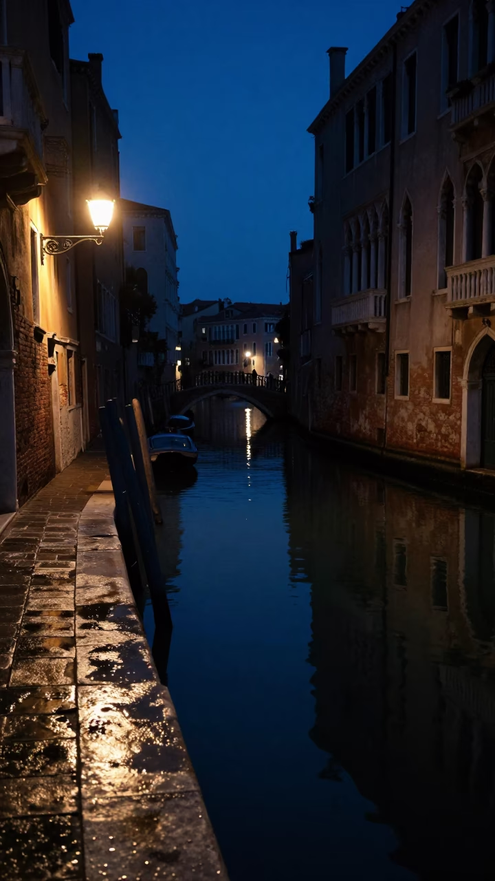 Midnight Reflections on Venice Canal Water with Brushed Steel and Forgotten Objects in in Venice, Italy