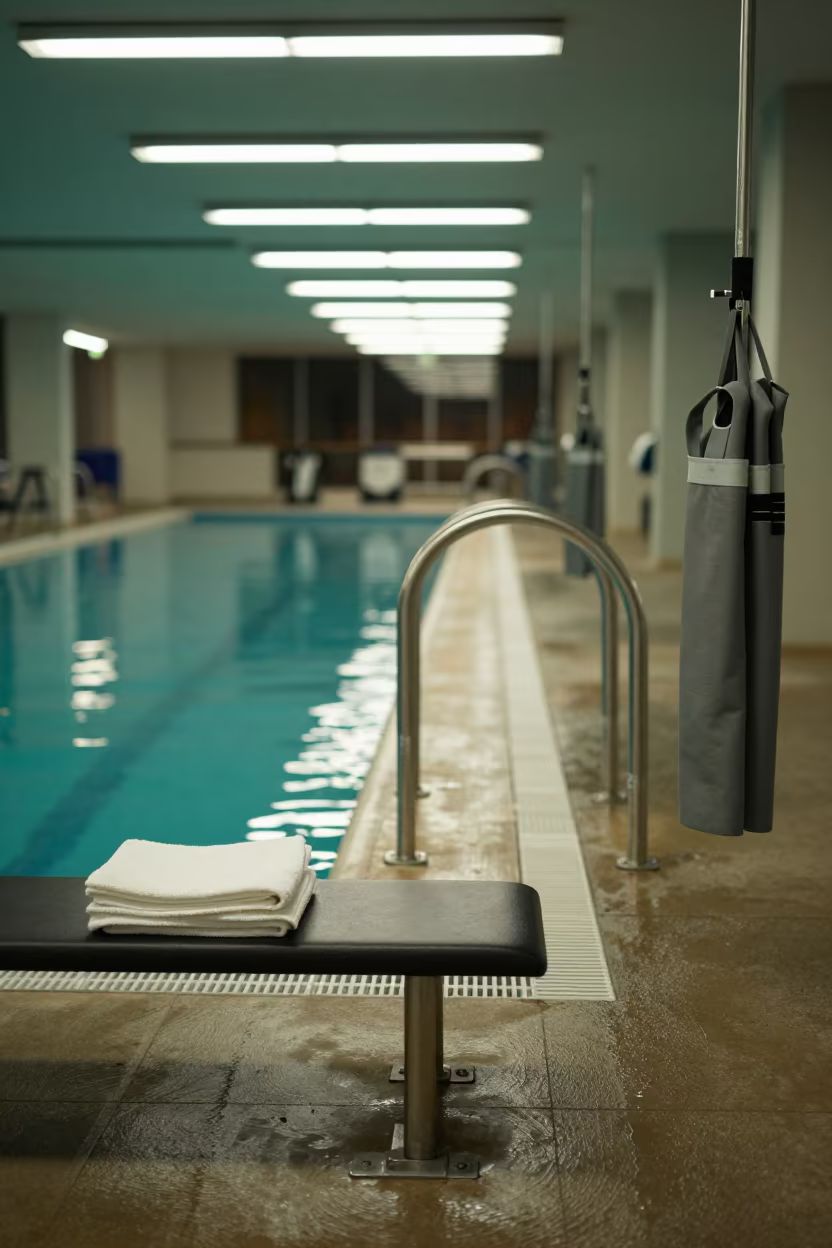 Midnight Rehab Pool With Lift Rails And Towels in inside a rehabilitation therapy room near London