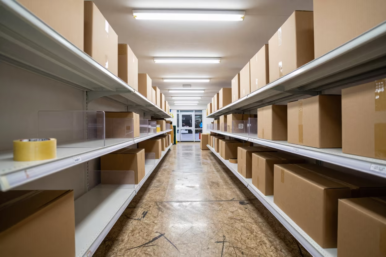 Midnight Retail Bagging Station Under Fluorescent Light in at a checkout lane under flat store light in Kitwe