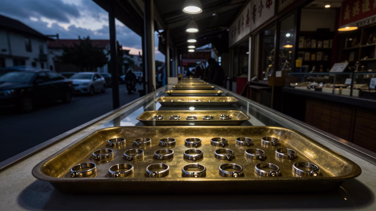 Midnight Retail Ring on Brass Scale in inside a jeweler's stall with brass scales and trays near Shanghai