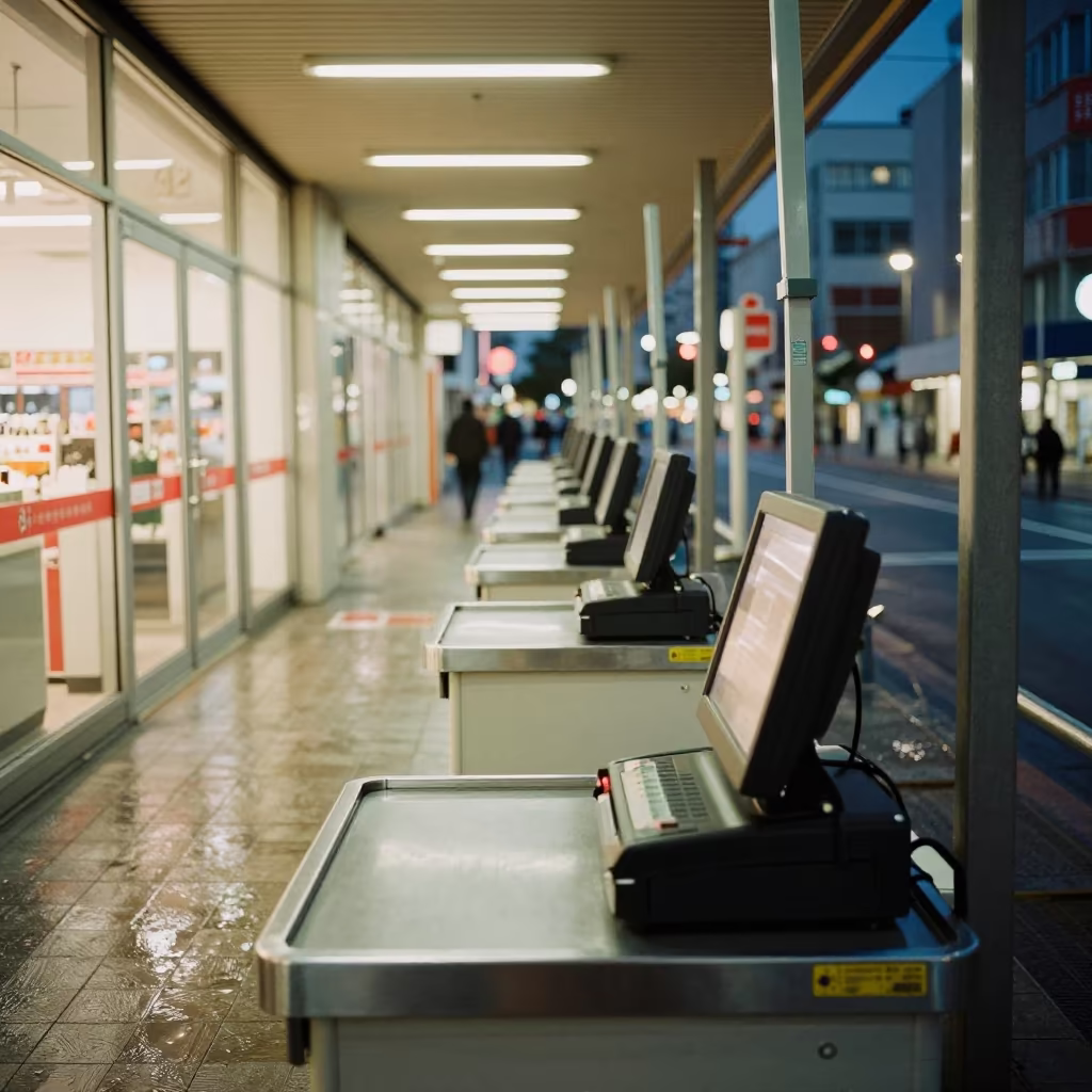 Midnight Retail Scanner Dock Sapporo Checkout Lane in at a checkout lane under flat store light in Sapporo