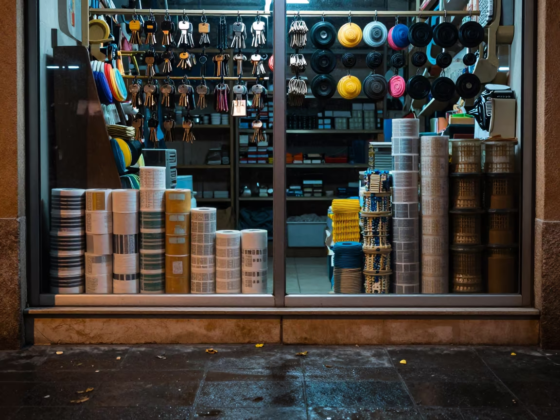 Midnight Retail Shelf Splice Box in Oujda in outside a lit retail frontage after dark in Oujda