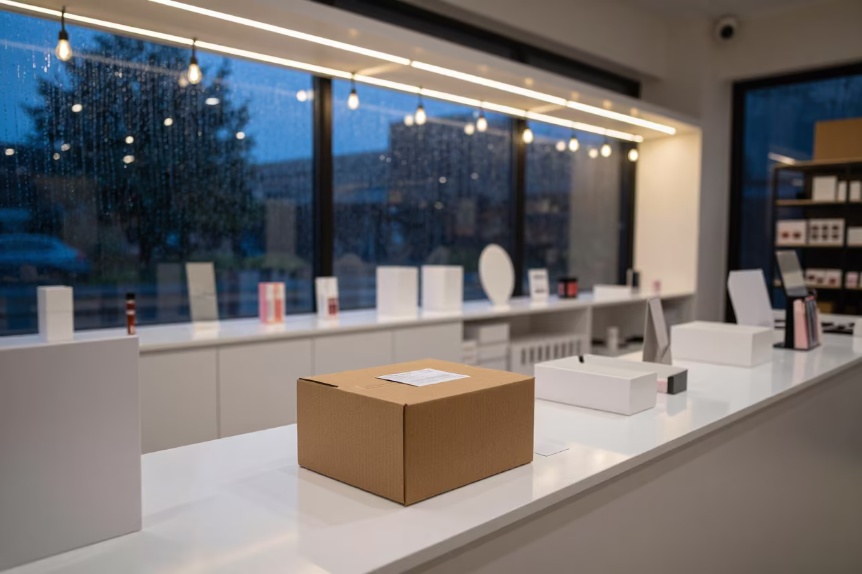 Midnight Return Box in Gold Coast Beauty Supply in in a beauty supply area under white LEDs in Gold Coast