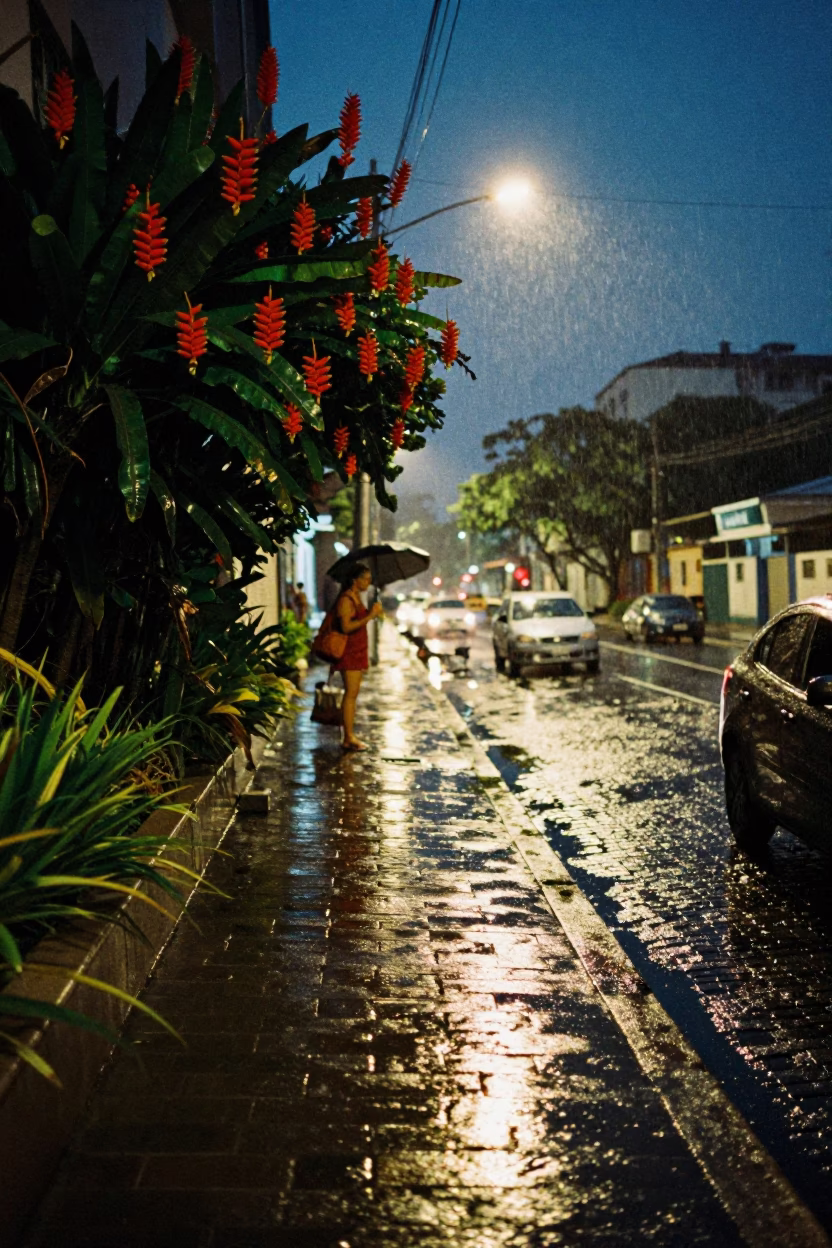 Midnight Rio de Janeiro Street Scene with Heliconia Blooms and Rain-Slicked Cobblestones in in Rio de Janeiro, Brazil
