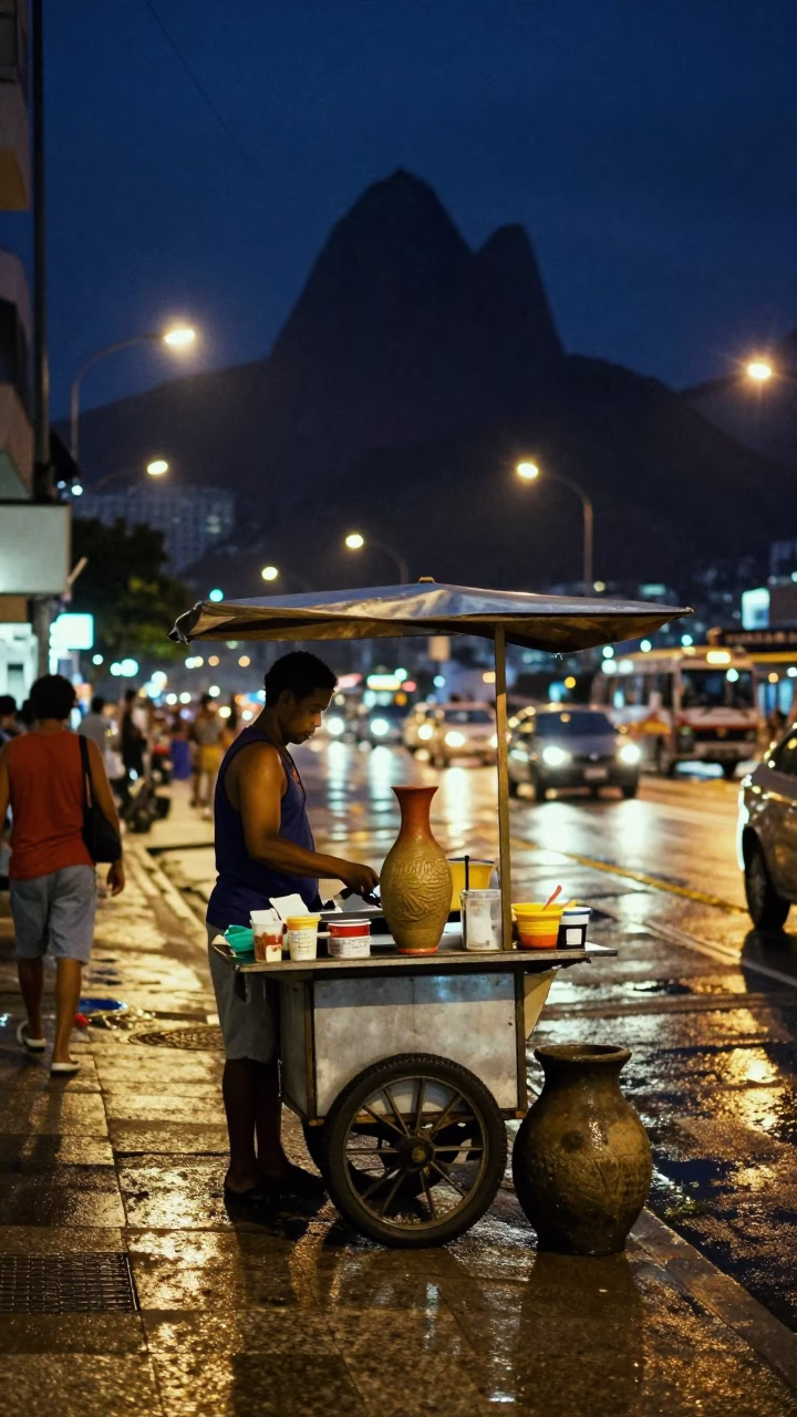 Midnight Rio de Janeiro Street Scene with Vase and Stone Pot of Mapo Tofu in in Rio de Janeiro, Brazil