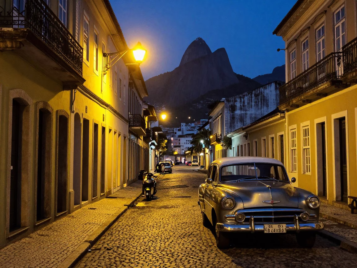 Midnight Rio de Janeiro Street Scene with Vintage 1960s Aesthetic and Local Details in in Rio de Janeiro, Brazil