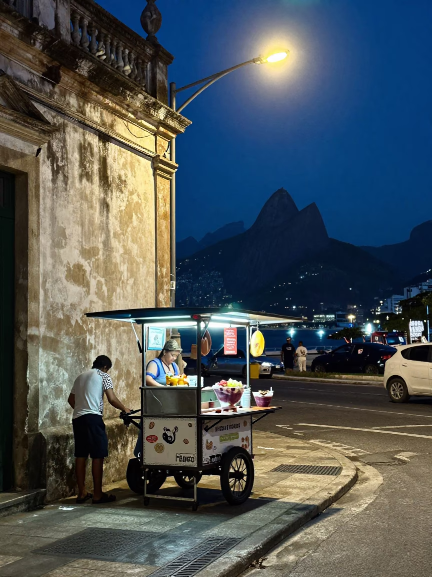 Midnight Rio Street Scene with Açaí Bowl and Blue Porcelain in Brazil in in Rio de Janeiro, Brazil