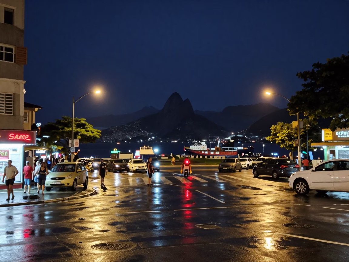 Midnight Rio Street Scene with Cargo Ship Horizon and Commuter Train Platform in in Rio de Janeiro, Brazil