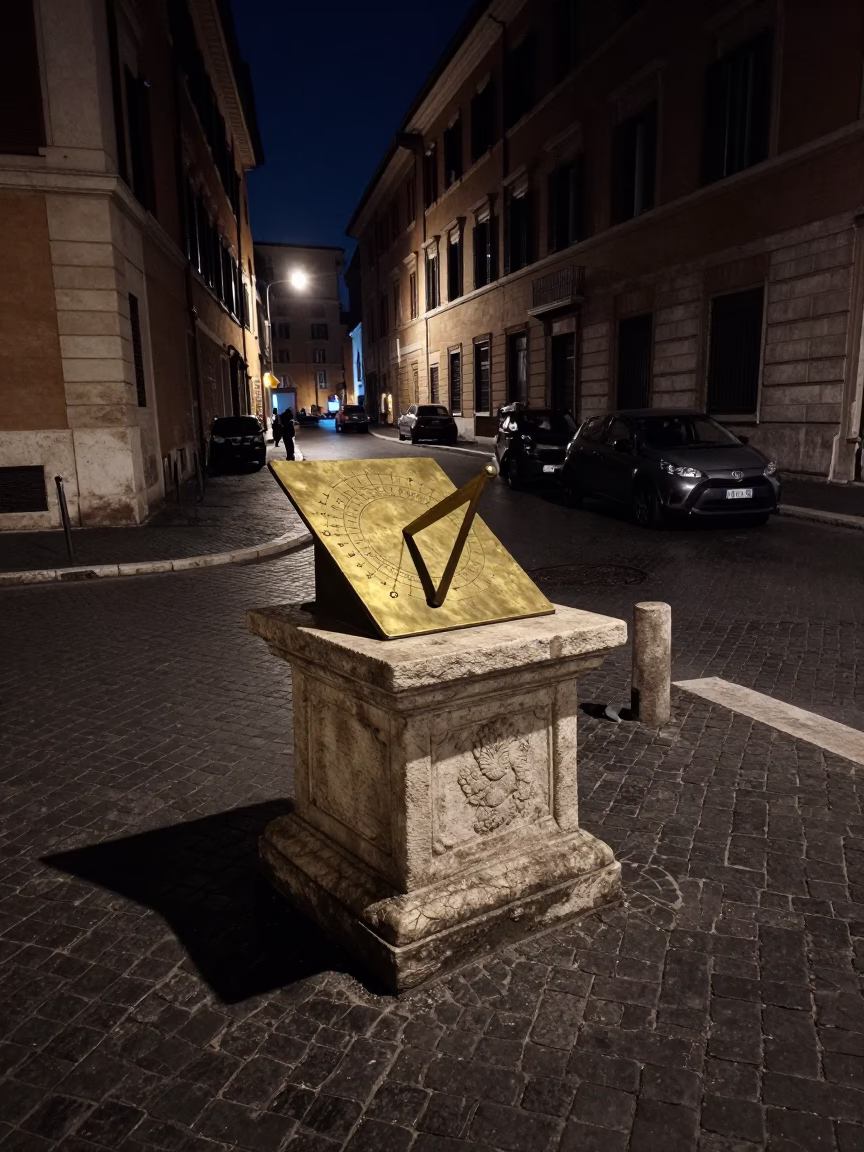Midnight Rome Street Scene with Brass Sundial and Brushed Steel Wall Reflections in in Rome, Italy