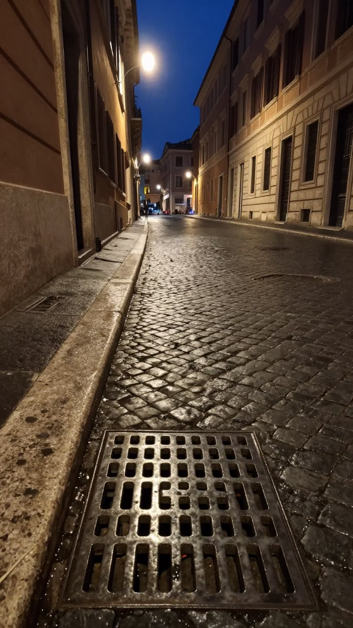Midnight Rome Street Scene with Brushed Steel Drain and Water Rings in in Rome, Italy