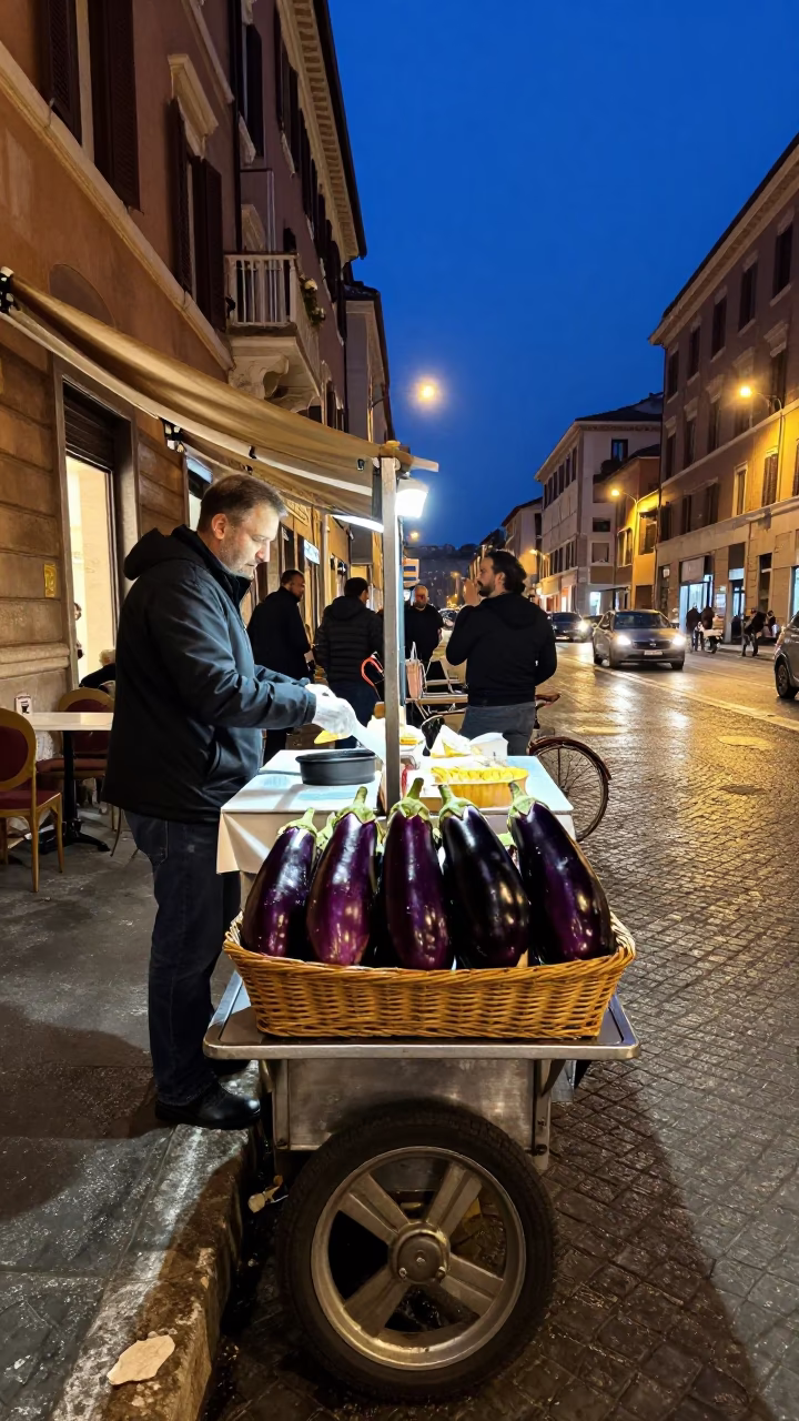 Midnight Rome Street Scene with Eggplants and Brushed Steel Mirror Edge in in Rome, Italy