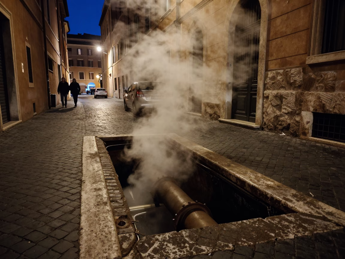 Midnight Rome Street Scene with Steam Pipe Trench and Autumn Leaves in in Rome, Italy
