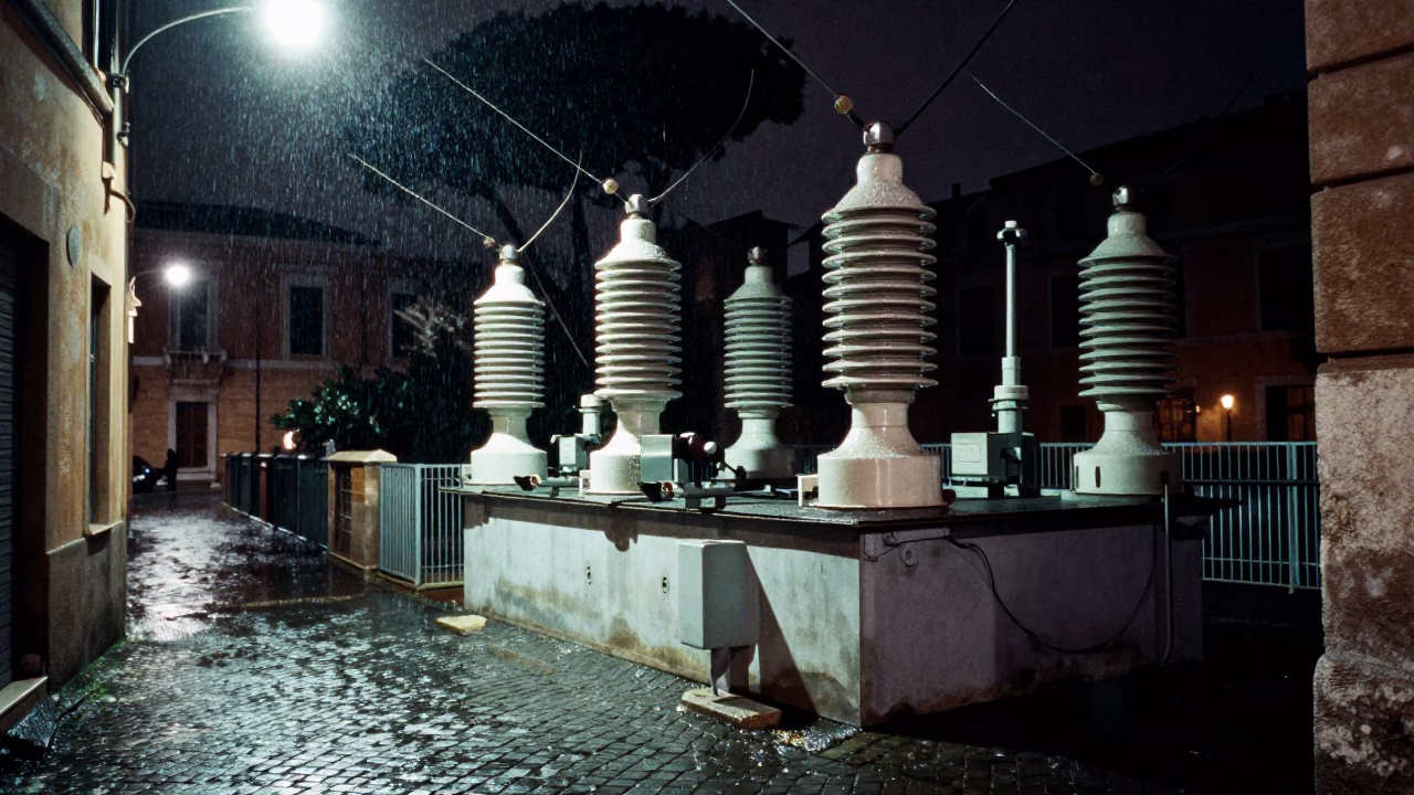 Midnight Rome Street Scene with Substation Insulators Sparkling Under Floodlights in Italy in in Rome, Italy
