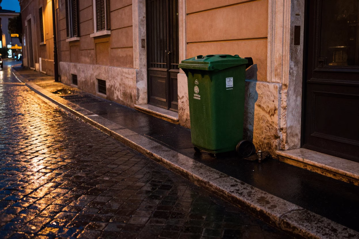 Midnight Rome Street Scene with Trash Bin and Wet Pavement Reflections in in Rome, Italy