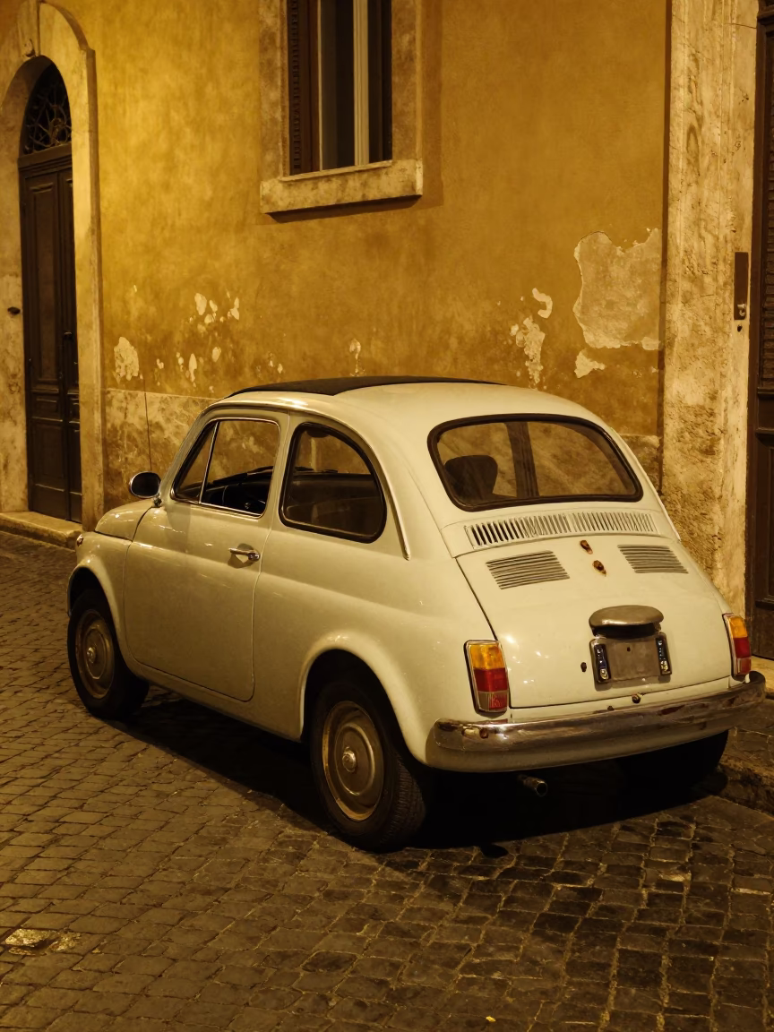 Midnight Rome Street Scene with Vintage Car and Cobblestone Alleyway in in Rome, Italy