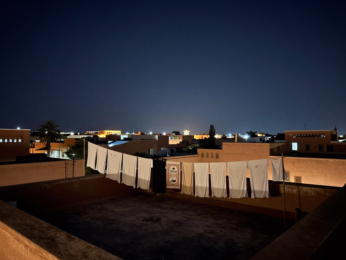 Midnight Rooftop in Marrakech with Laundry Lines and Tea Culture in in Marrakech, Morocco