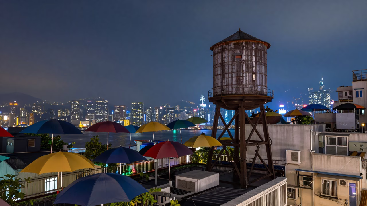 Midnight Rooftop Water Tower and Umbrellas in Hong Kong Cityscape in in Hong Kong, Hong Kong