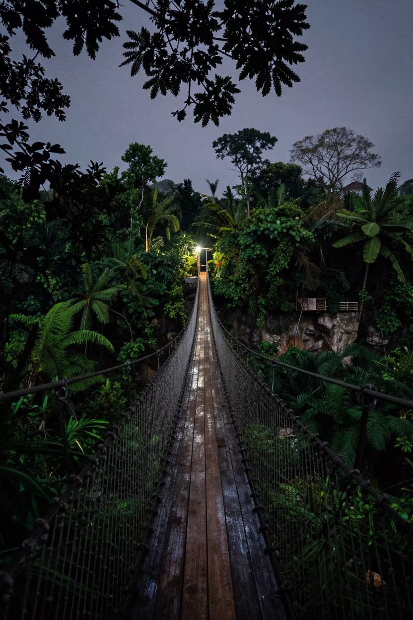 Midnight Rope Bridge Over Jungle Gorge Near Kuala Lumpur in near Bangsar, Kuala Lumpur
