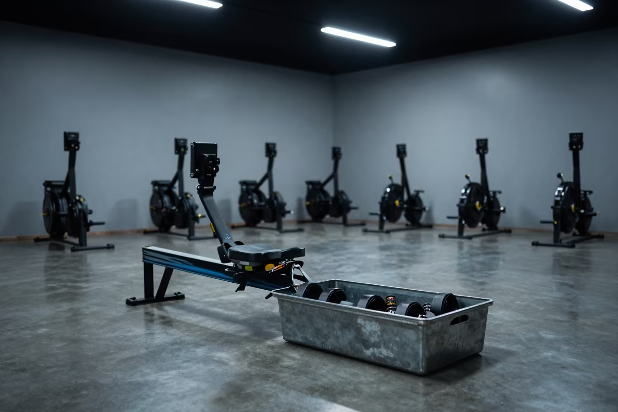 Midnight Rowing Seat Roller Spare Bin in inside a spin studio under class lights in Mansoura