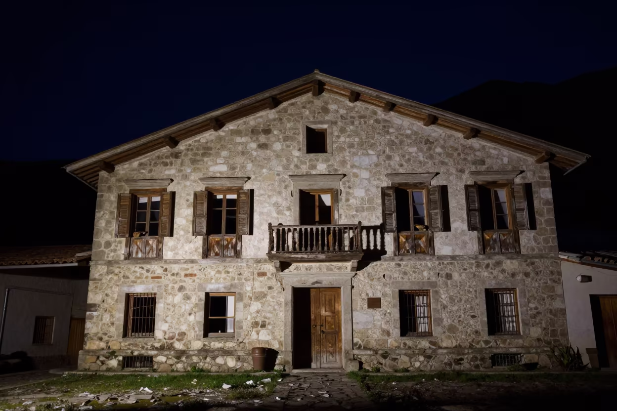 Midnight Ruin of Decaying Alpine Hotel in inside a roofless nave near La Paz