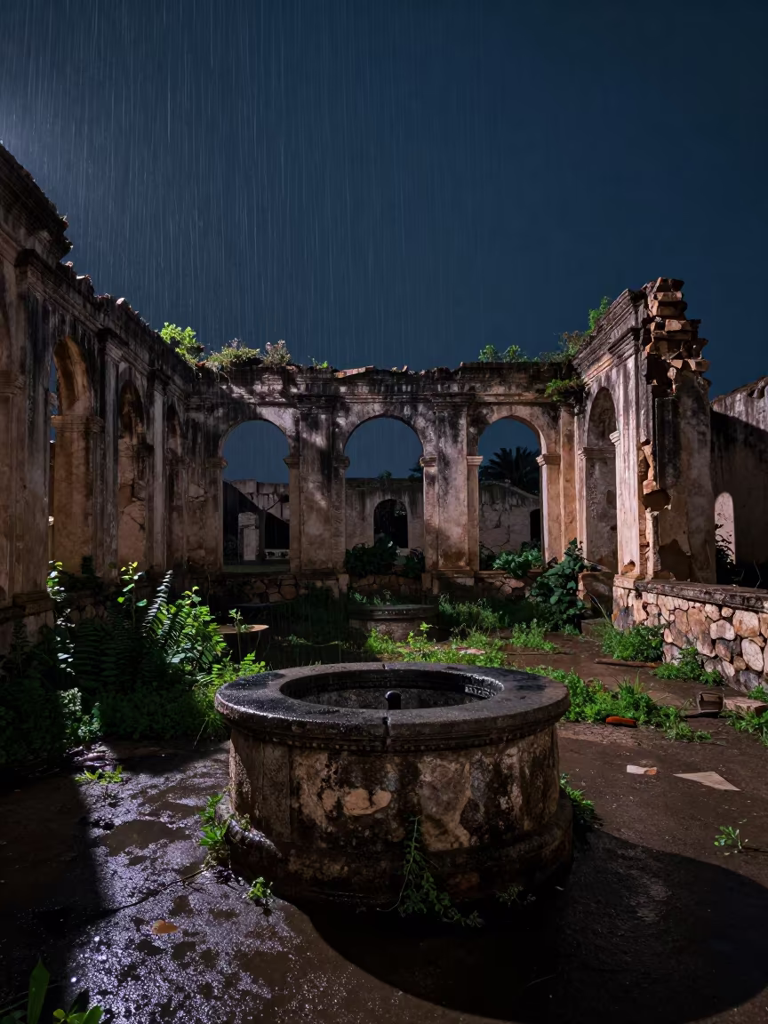 Midnight Ruin Stone Well Manama Cloisters in among collapsed cloisters near Manama