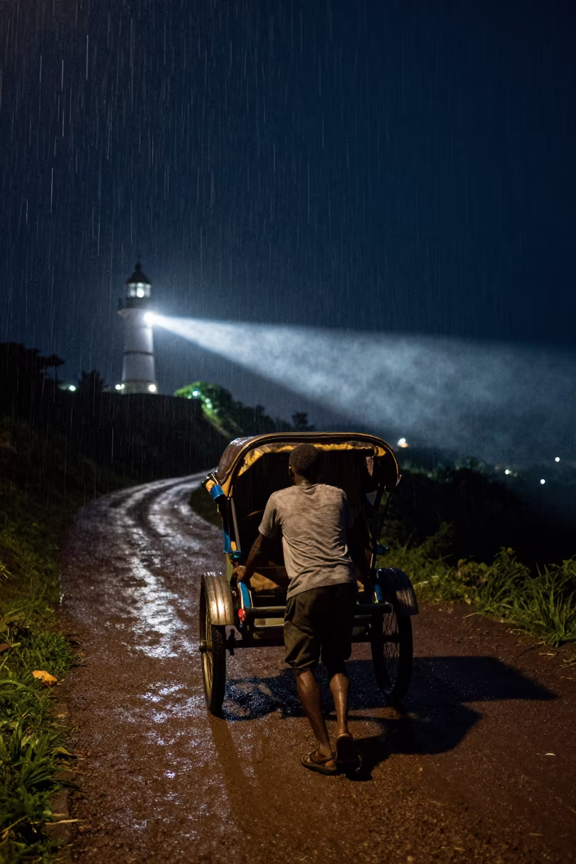 Midnight Runner with Rickshaw on Zanzibar Path in on a mountain path near Darajani Market, Zanzibar City