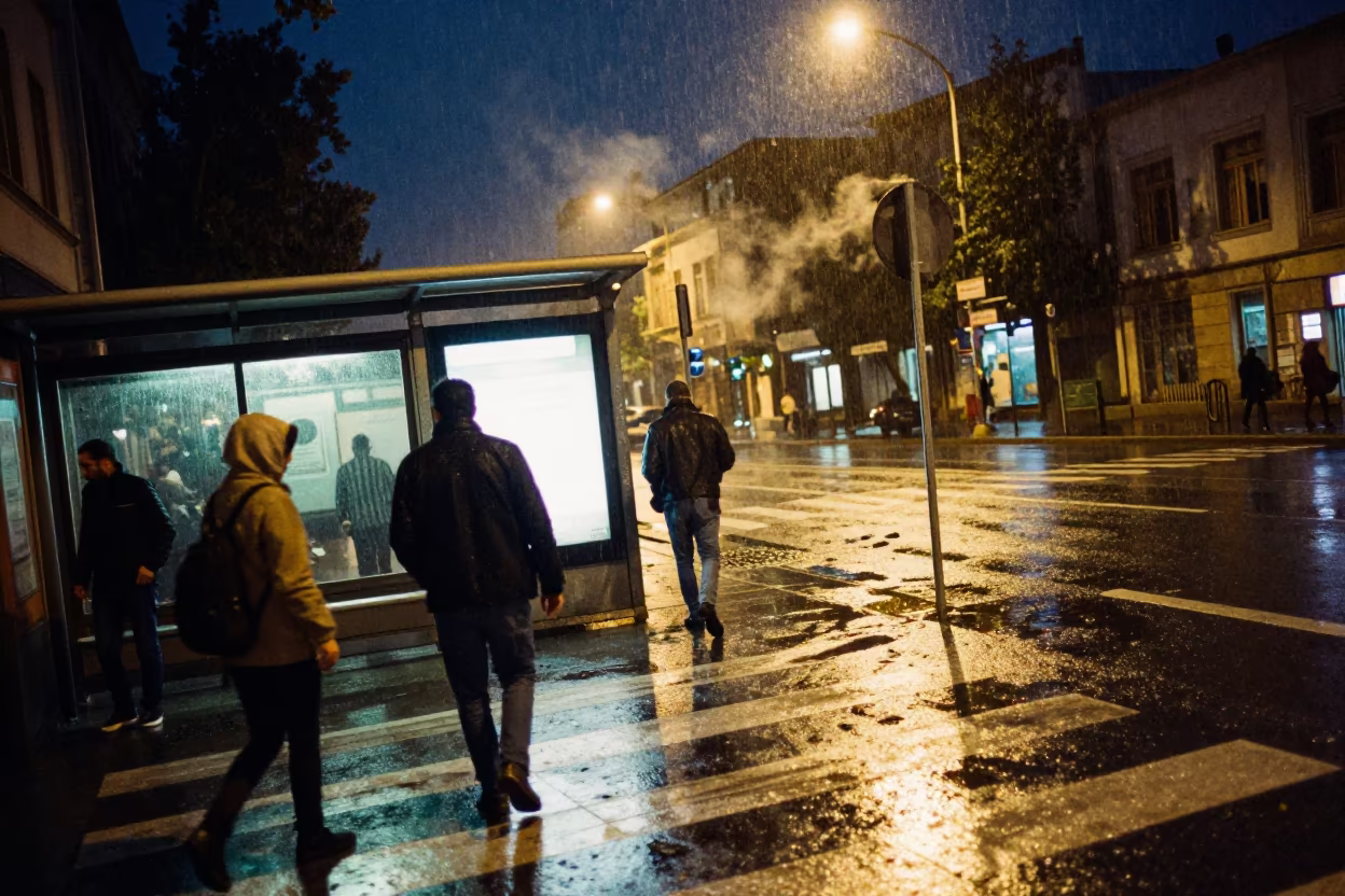 Midnight Rush Commuters Gaziantep Subway Crosswalk in beside a steamed-up bus shelter in Gaziantep